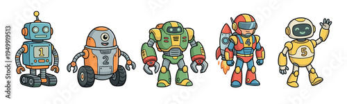 Collection of five colorful cartoon robots standing in a row, each with a unique design including a tracked bot, a wheeled droid, a powerful mech, a rocket bot, and a waving android