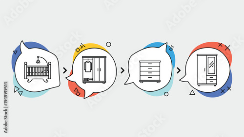 Furniture evolution infographic showing transitions from a baby crib to child wardrobe and adult dressers for interior home organization and storage.