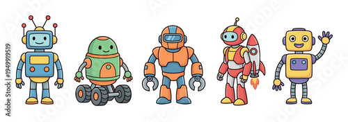 Set of five cute friendly robot characters in a colorful cartoon doodle style, featuring various designs like a wheeled bot, an armored cyborg, and an astronaut with a jetpack