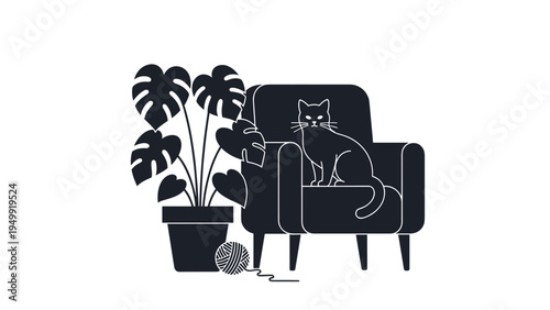 Silhouette illustration of a black cat sitting comfortably on an armchair next to a potted monstera plant and a round ball of knitting wool yarn.