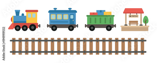 Set of colorful cartoon train illustrations with a locomotive, passenger car, freight wagon, railway station, and tracks in a simple flat vector graphic style for kids