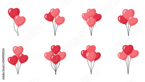 Diverse set of heart shaped balloon arrangements in various shades of red and pink for romantic celebrations like valentines day or happy weddings.