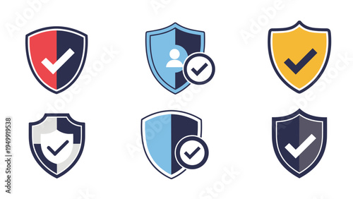 Set of diverse security shield icons featuring checkmarks and user symbols to represent data protection, safety, and verified digital system status.
