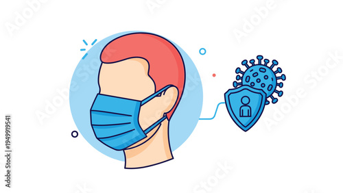 Illustration of a person wearing a protective medical face mask with a shield icon blocking a virus cell to represent essential health and safety.