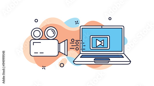 Digital media illustration showing a video camera streaming content directly to a laptop screen representing online broadcasting or recording work.