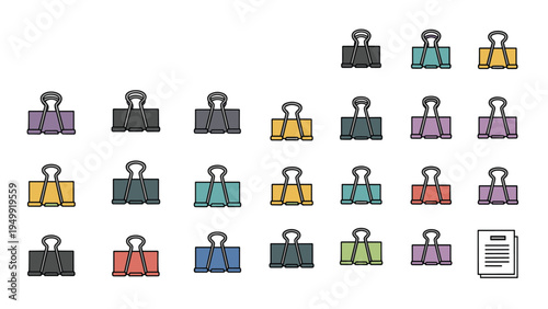 Organized grid of colorful office binder clips in various shades with a stack of paper documents in the corner for school, work, or hobby supplies.