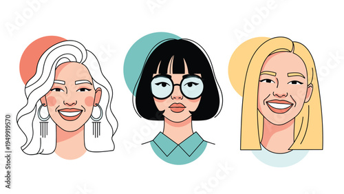 Set of three stylish female avatars with different hair colors and accessories representing diversity and modern fashion for women user profiles.