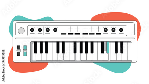 Digital music synthesizer keyboard with knobs and sliders on a colorful abstract background for audio production and electronic music creation.