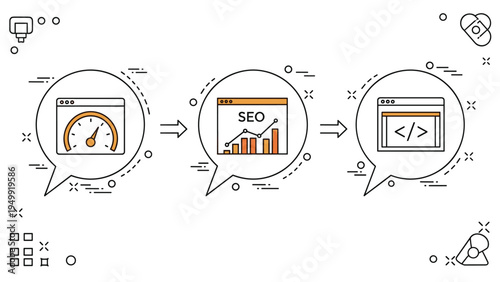 Three step search engine optimization infographic displaying website speed performance, seo analytics charts, and backend programming code blocks.