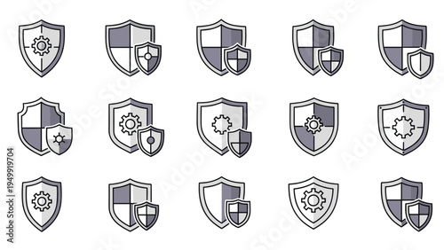 Security shield and protection icon set with gear and cross symbols represents data privacy, antivirus software, and robust safety measures for web.