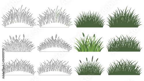 Collection of green grass patches and wild meadow plants in different artistic styles represents landscaping, gardening, and nature environment design.