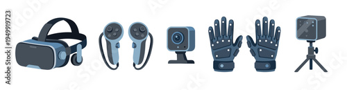 Virtual reality equipment set with headset, controllers, haptic gloves, and tracking sensors for immersive gaming and metaverse experiences, presented in a flat vector illustration style