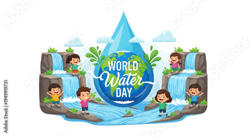 Illustration of children around waterfalls with World Water Day logo, promoting water conservation awareness and sustainability concept with a clean and environmental protection theme.
