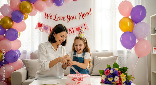 Mother and daughter celebrating Mother's Day with balloons and cake in bright home setting