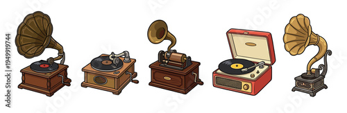 Collection of five vintage audio players, including gramophones and a phonograph, are depicted in a charming cartoon style, showcasing the history of music playback technology
