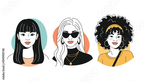 Set of fashionable female portraits with diverse hairstyles and accessories represents modern woman identity, beauty, and creative avatar design.