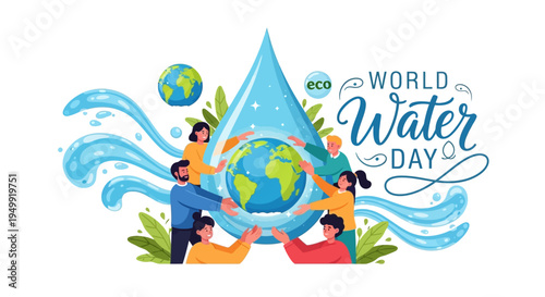 Illustration of diverse people holding the Earth surrounded by water splashes and green leaves on World Water Day with a sustainability concept and clean water awareness.