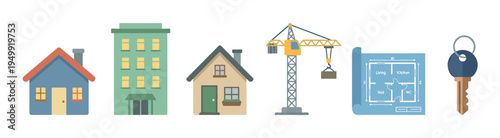 Set of real estate and construction icons showing houses, an apartment building, a crane, a blueprint, and a key, representing the property market and home building process