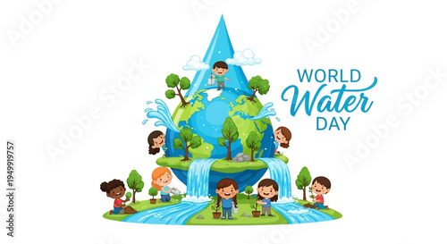 Illustration of diverse children around a stylized globe with water elements, promoting World Water Day with a colorful and educational design, symbolizing water conservation awareness and
