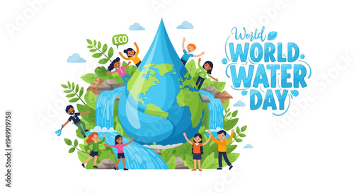 Illustration of diverse people around a large water droplet and globe with green leaves on World Water Day, promoting water conservation awareness with a clean design.
