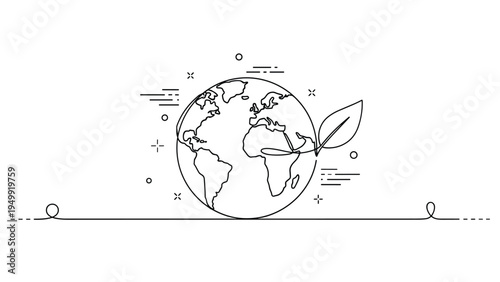 Eco friendly earth concept with a continuous line drawing of the globe and a green leaf symbolizes environmental sustainability and global protection.