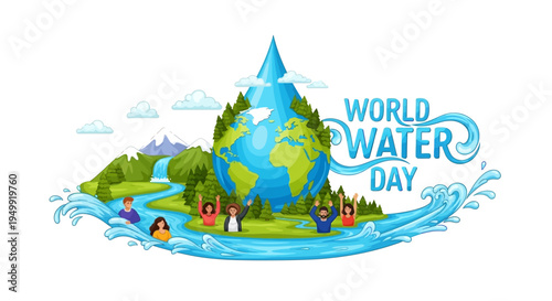 Illustration of Earth with people and water elements for World Water Day with a sustainability concept on a clean white background.