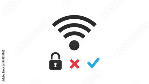 Secure Wi-Fi connection concept featuring a wireless signal icon with a padlock, a checkmark, and a cross for internet safety and access control.