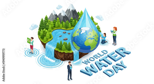 Illustration of people promoting water conservation on World Water Day with a global sustainability concept against a clean white background.