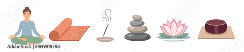Set of yoga and meditation icons including a woman in lotus pose, mat, incense, stacked stones, lotus flower, and cushion, representing wellness and spiritual practice