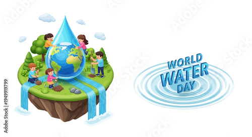 Illustration of children and Earth with water conservation theme for World Water Day 2026 design and vector illustrations.