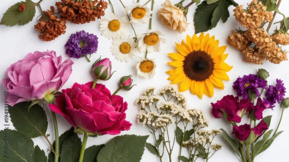 Obraz premium Mixed sunflower roses and wildflowers arranged on white background