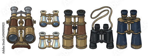 Set of six different vintage binoculars and opera glasses in a colorful hand-drawn illustration style, featuring ornate antique designs and classic field observation equipment