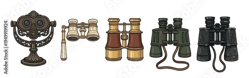 Collection of five different binoculars illustrations shows the evolution of optical equipment from vintage opera glasses to modern field glasses in a detailed cartoon style