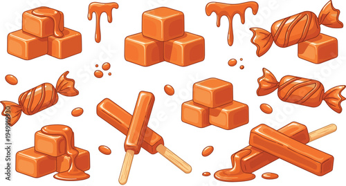 Caramel Candy and Toffee Dessert Vector Set Featuring Sweet Caramel Cubes, Wrapped Candies, Dripping Syrup, and Caramel Popsicles in Delicious Style