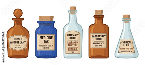 Set of vintage pharmacy and laboratory glass bottles with cork stoppers and retro labels for elixirs, poisons, and chemical solutions, depicted in a flat cartoon illustration