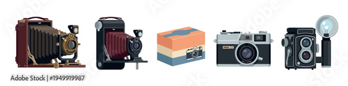 Collection of vintage and retro cameras including bellows, twin-lens reflex, and 35mm models in a flat vector illustration style showing classic photographic equipment
