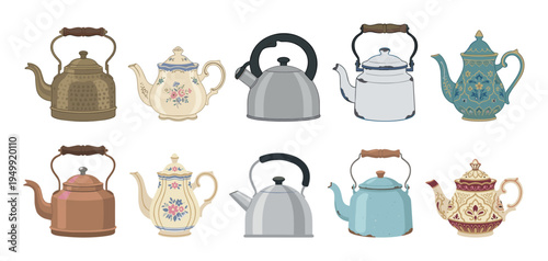 Diverse set of ten illustrated kettles and teapots in various styles, featuring ornate patterns, floral decorations, vintage enamelware, and modern metallic designs for hot drinks