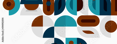 Abstract geometric shapes overlap, creating modern design. Colors include teal, brown, gray, white. Composition feels balanced, playful.