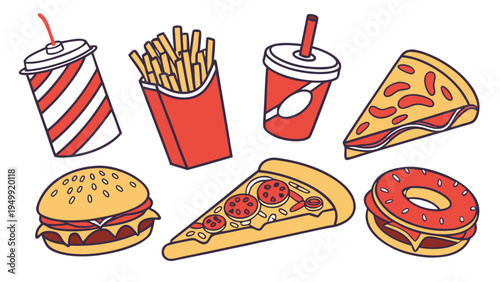 Fast Food Combo Pack Isolated on White Background Flat Vector Collection