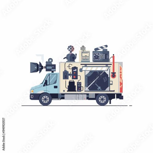 A film production truck with equipment.
