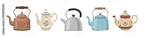 Collection of various teapots and kettles in different styles, including vintage floral ceramic, modern steel, rustic enamel, and ornate decorative designs in a charming flat illustration