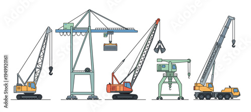 Collection of various industrial construction cranes including crawler, gantry, and mobile types shown in a colorful flat vector illustration style for heavy machinery concepts