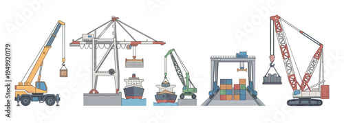 Collection of various industrial port cranes and machinery for logistics, including gantry, mobile, and crawler cranes loading cargo containers and bulk materials onto ships