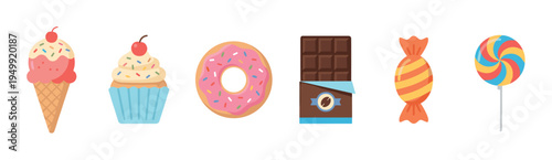 Collection of colorful sweet food icons with an ice cream cone, cupcake, donut, chocolate bar, wrapped candy, and a lollipop in a flat vector illustration style