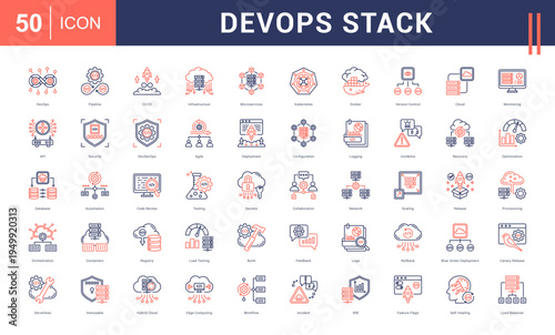 DevOps Stack Icon Set. devops, pipeLine Dual Tone, ci/cd, infrastructure, microservices and more. Line Dual Tone Style vector icons collection.