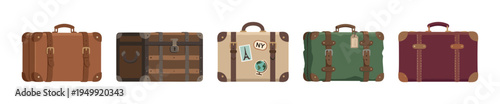 Set of five different vintage suitcases with leather straps and handles, featuring retro luggage designs with travel stickers and tags in a colorful flat vector illustration