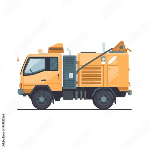 A yellow road cleaning truck vehicle.