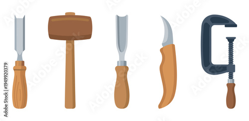 Set of wood carving tools including a chisel, mallet, gouge, knife, and clamp arranged in a row for a woodworking or carpentry project, presented in a flat illustration style
