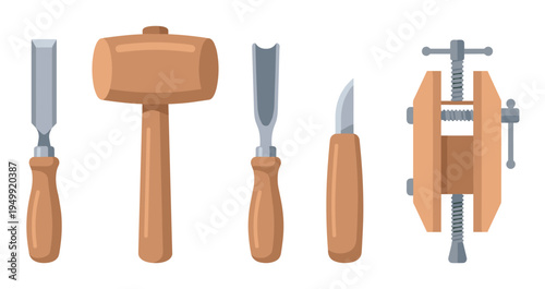 Set of wood carving tools including a chisel, mallet, gouge, knife, and vise arranged in a row, depicted in a clean flat vector illustration style for carpentry concepts