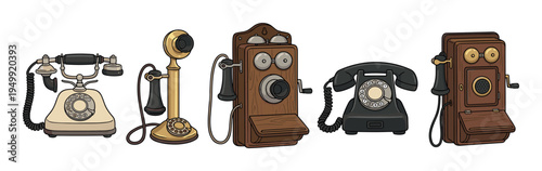 Collection of vintage telephones showing the evolution of communication technology in a charming hand-drawn cartoon illustration style with bold outlines and classic colors